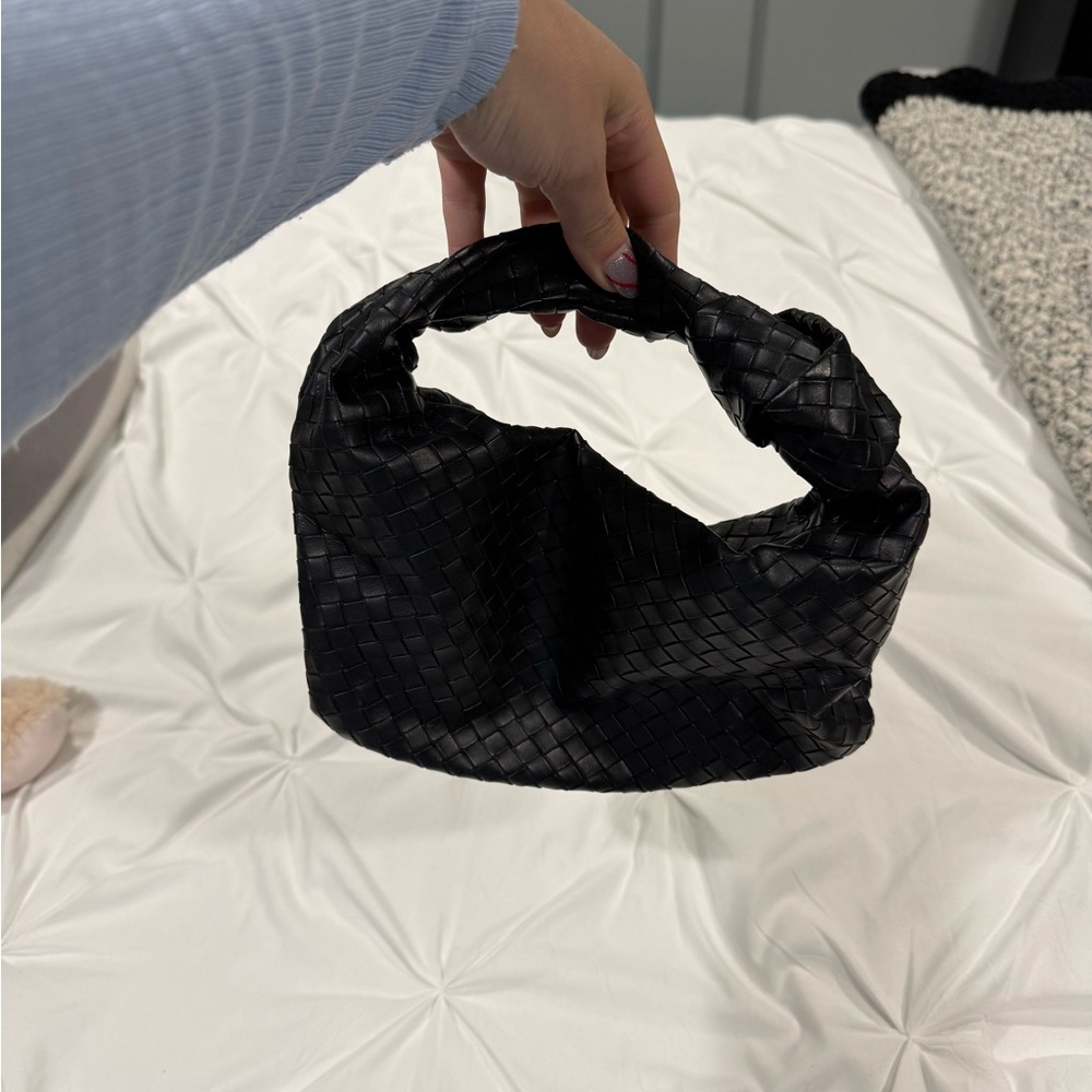 Woven Knot-Handle Mini Shoulder Bag in Black